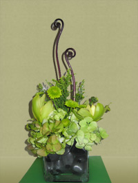 Maui tropical arrangement with greens and curly decoration
