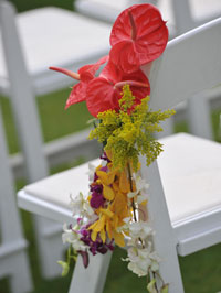 Arrangement on wedding aisle chairs. Photography by Cassi Pali of Creative Island Visions