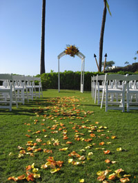 Wedding aisle pedal path and wedding arch at the end with floral arrangement.