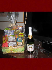 Honeymoon basket in hotel room.