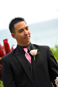 Pink Rose Boutonniere at Maui Wedding overlooking the Beach