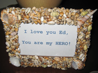 Hand made shell frame with message to groom