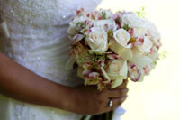 Maui wedding bouquet with white roses and pink lilies